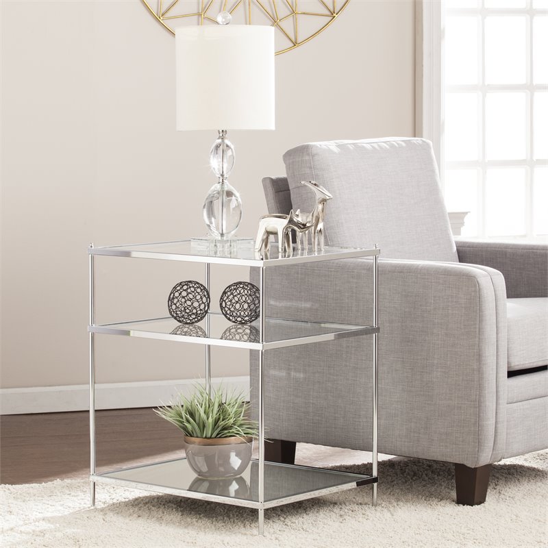 maklaine transitional iron metal & glass mirrored side table in chrome