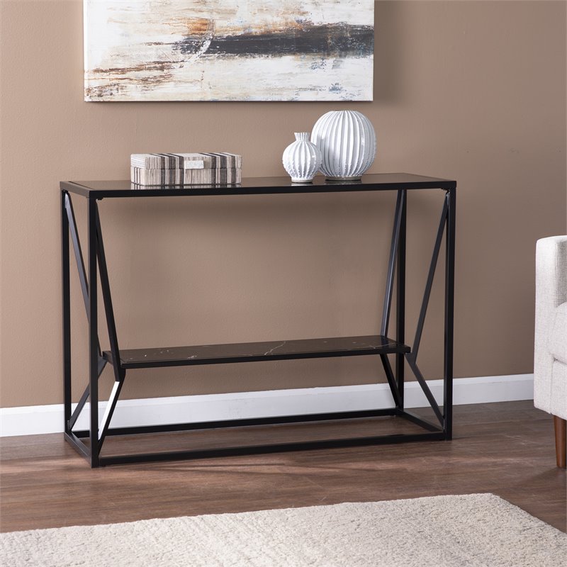 Maklaine Transitional Metal Long Console Table with Glass Top in Black