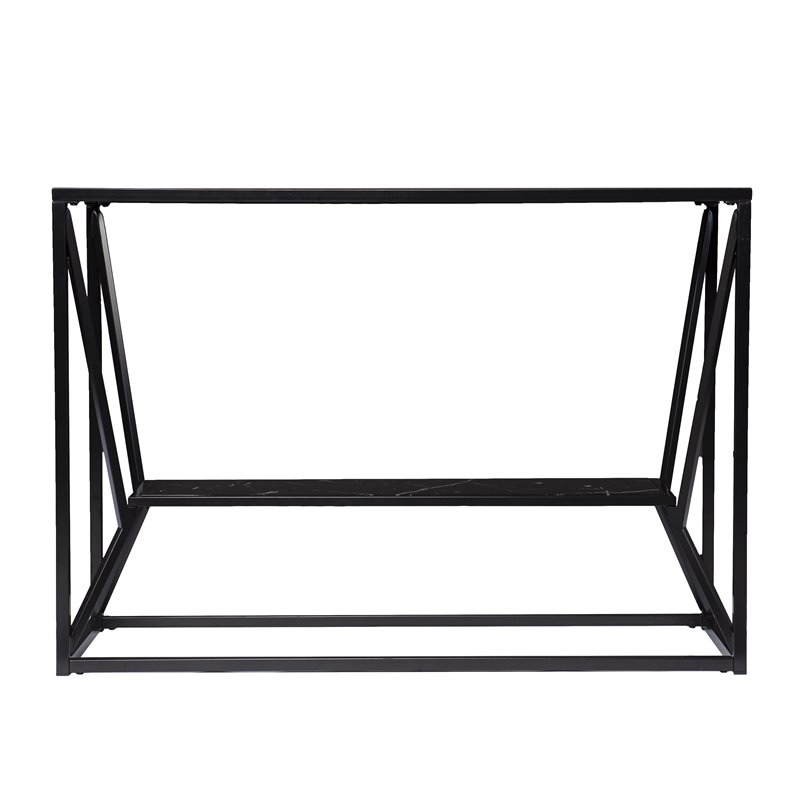 Maklaine Transitional Metal Long Console Table with Glass Top in Black
