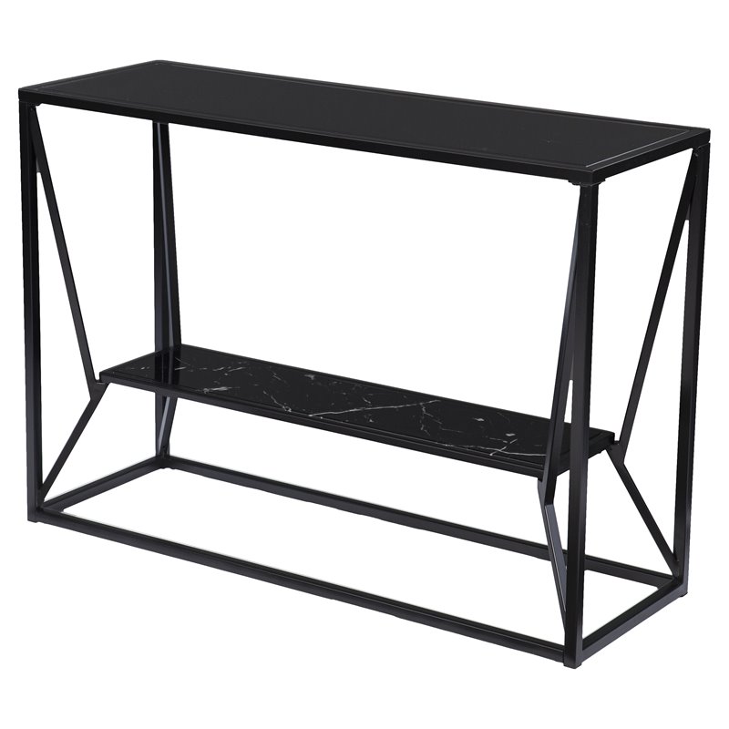 Maklaine Transitional Metal Long Console Table with Glass Top in Black