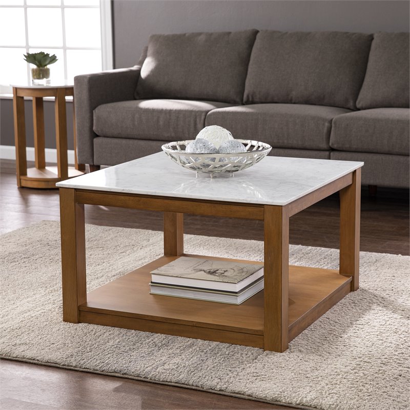 Maklaine Transitional Faux Marble Top Cocktail Table in White - Natural