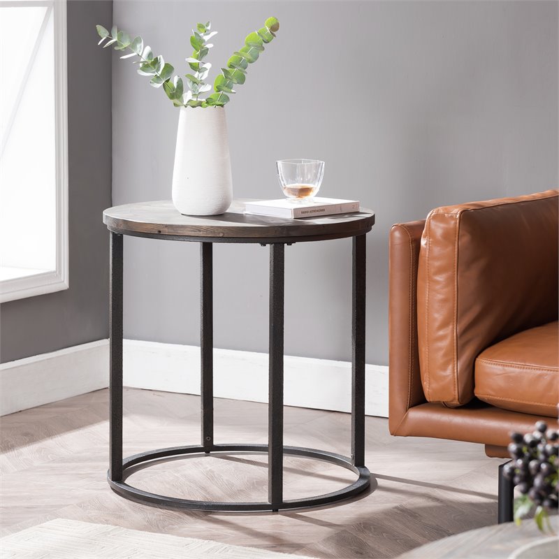 Maklaine Transitional Round End Table in Natural Reclaimed Wood - Black