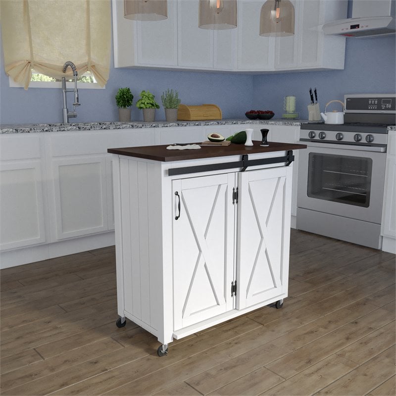 Maklaine Engineered Wood Barn - Door Kitchen Cart in Dark Brown / White