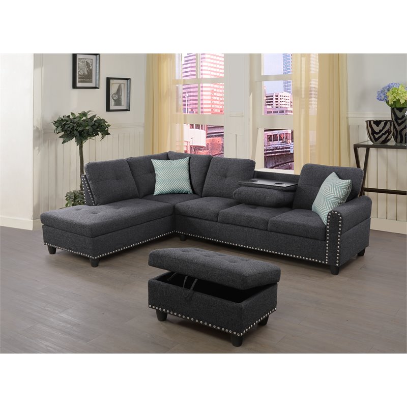 Maklaine Polyester Fabric Sectional Sofa with Ottoman-Dark Gray