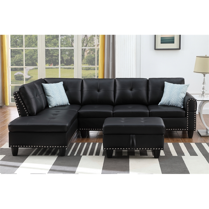 Maklaine Faux Leather Sectional Sofa with Ottoman in Black Finish