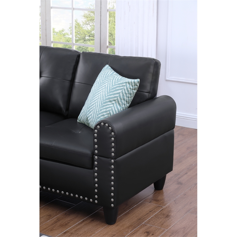 Maklaine Faux Leather Sectional Sofa with Ottoman in Black Finish