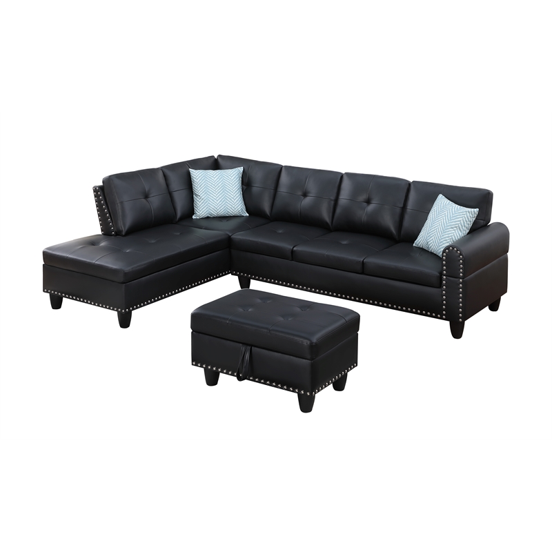 Maklaine Faux Leather Sectional Sofa with Ottoman in Black Finish