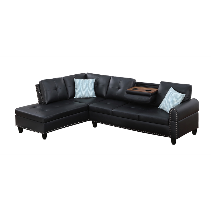Maklaine Faux Leather Sectional Sofa with Ottoman in Black Finish