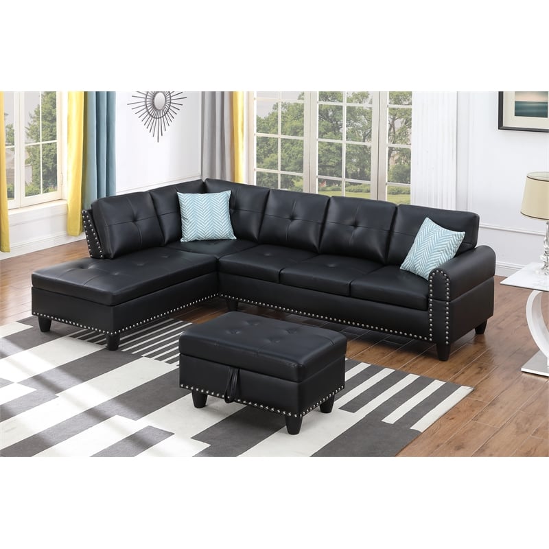 Maklaine Faux Leather Sectional Sofa with Ottoman in Black Finish