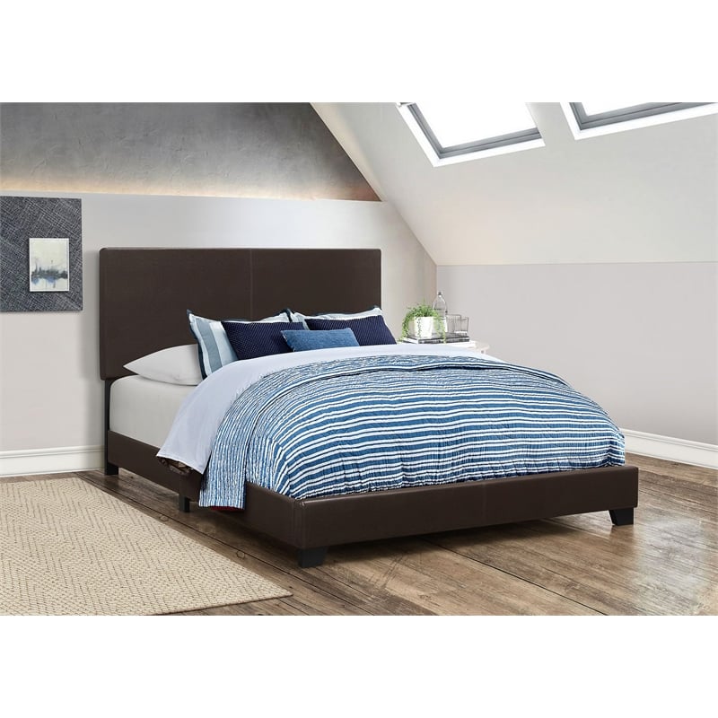 Maklaine Contemporary Upholstered Faux Leather Queen Panel Bed in Brown