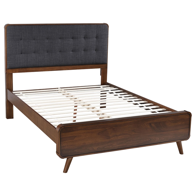 Maklaine Wood Queen Bed with Upholstered Headboard in Walnut