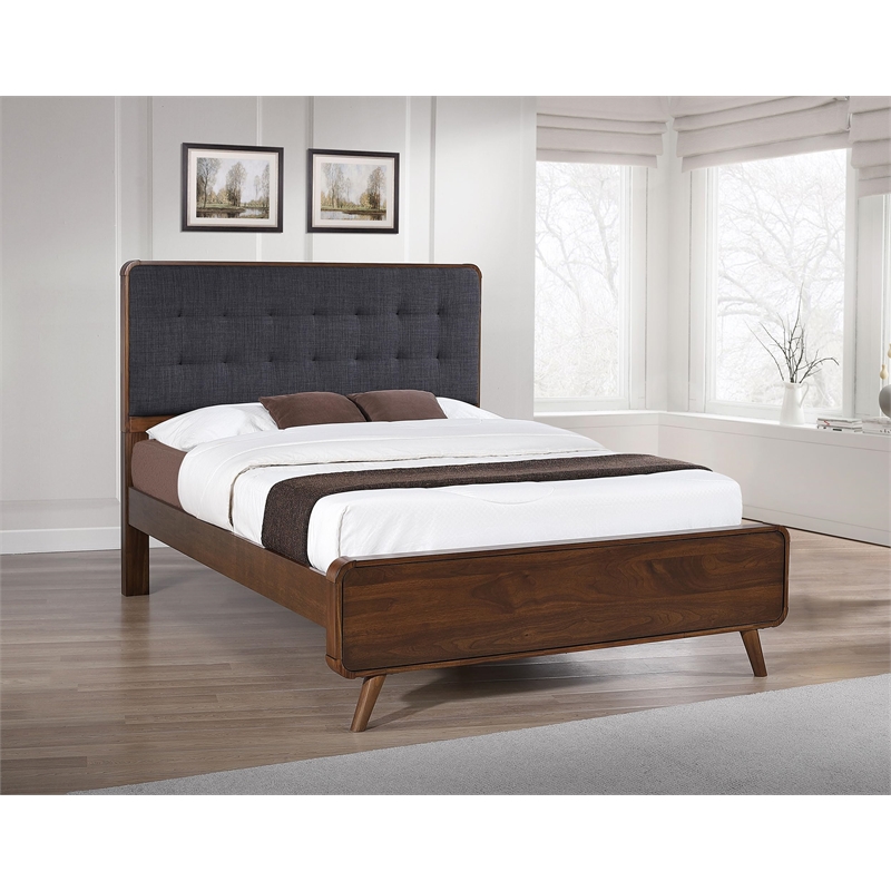 Maklaine Wood Queen Bed with Upholstered Headboard in Walnut