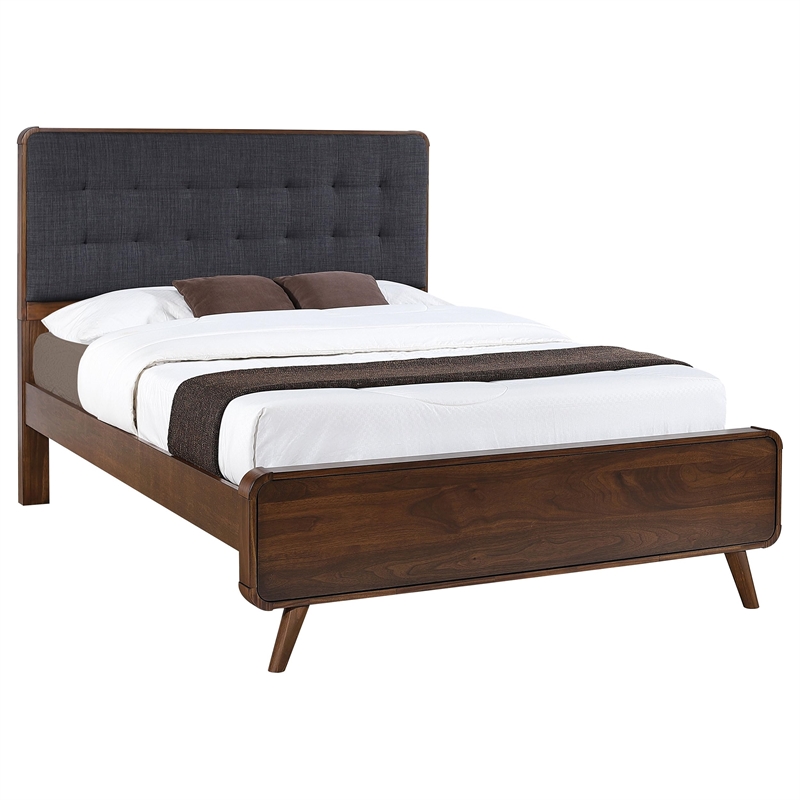Maklaine Wood Queen Bed with Upholstered Headboard in Walnut