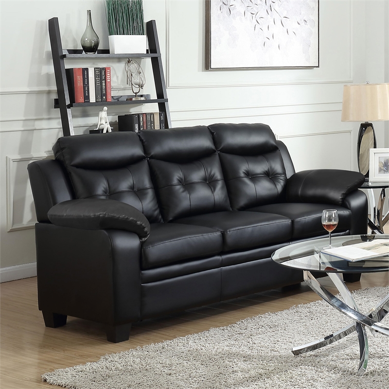 Maklaine Faux Leather Black Sofa Rectangular Tufted 78