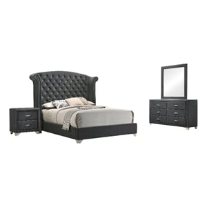 Maklaine 4-Piece Contemporary Velvet California King Bedroom Set in Gray