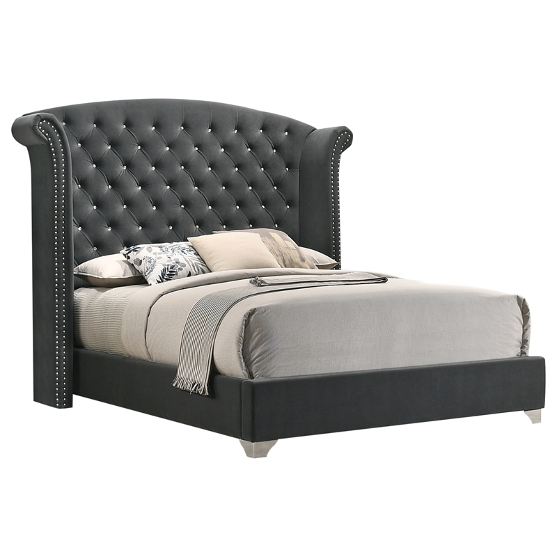 Maklaine 5-Piece Contemporary Velvet California King Bedroom Set in Gray