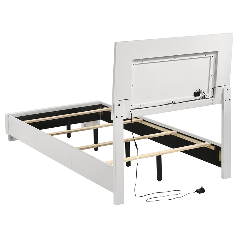 Maklaine Faux Leather Twin Panel Bed with LED Lighting in White
