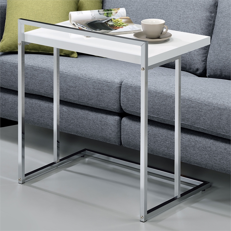 Maklaine Rectangular Modern Metal Snack Table in Chrome/Gloss White