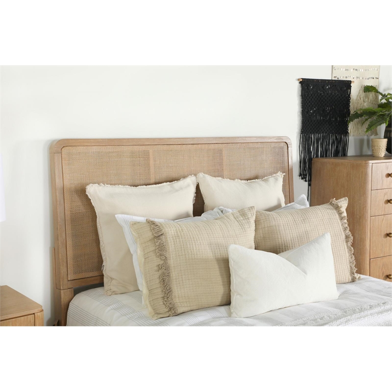 Maklaine Upholstered Wood Eastern King Panel Bed in Sand Wash/Natural Cane