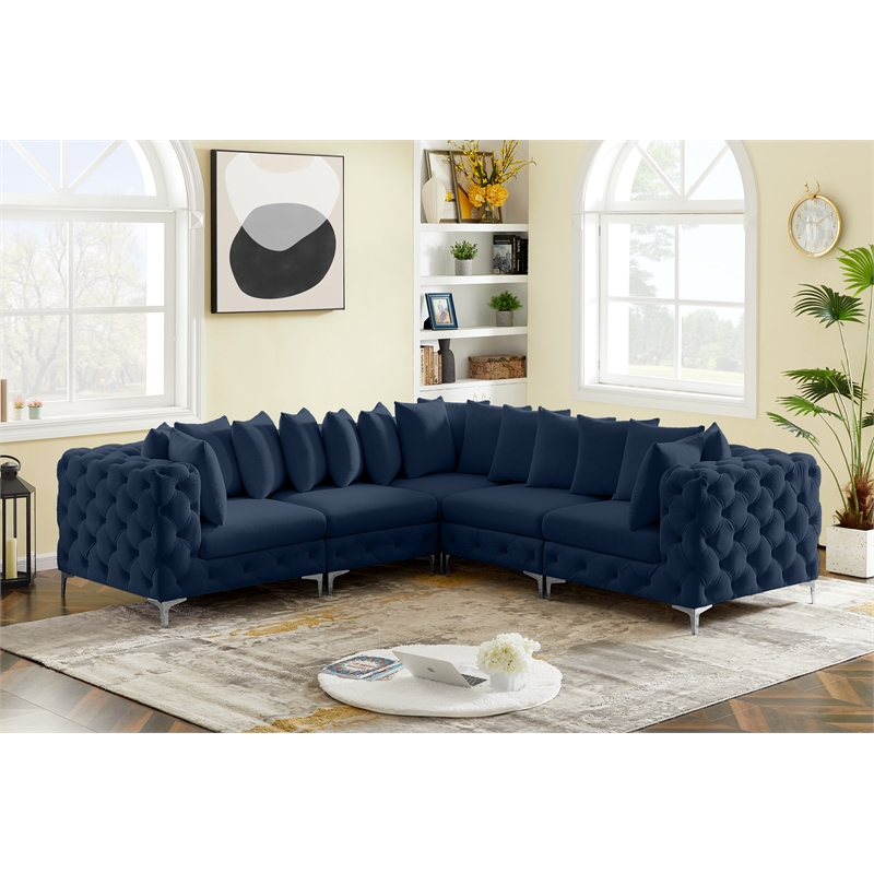 Maklaine Modern / Contemporary Navy Velvet Modular Sectional