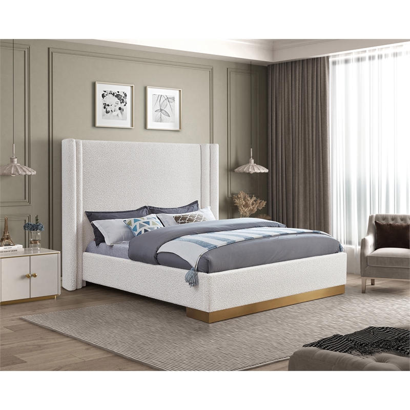 Maklaine Contemporary Fabric/Metal Queen Bed in Brushed Gold/Rich Cream