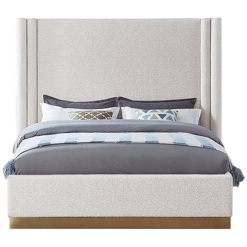 Maklaine Contemporary Fabric/Metal Queen Bed in Brushed Gold/Rich Cream