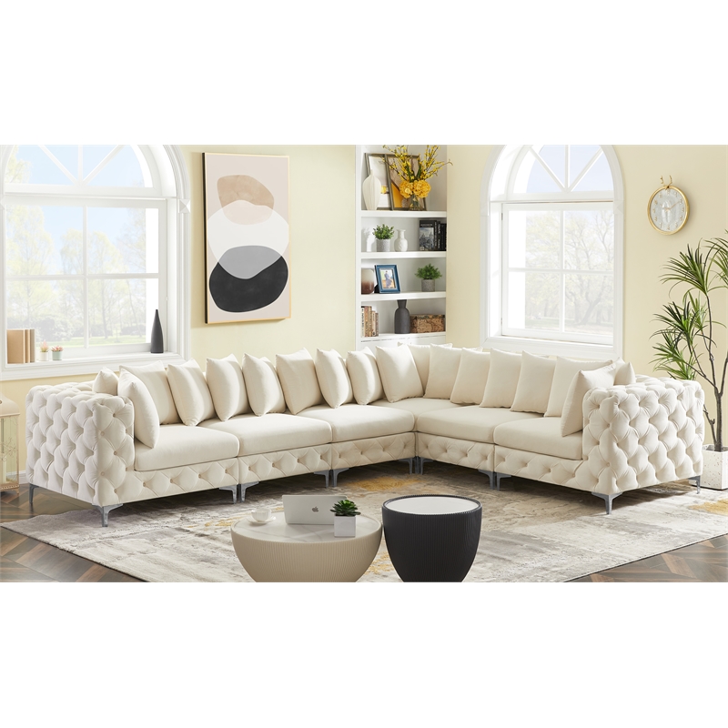 Maklaine Modern / Contemporary Cream Velvet Modular Sectional
