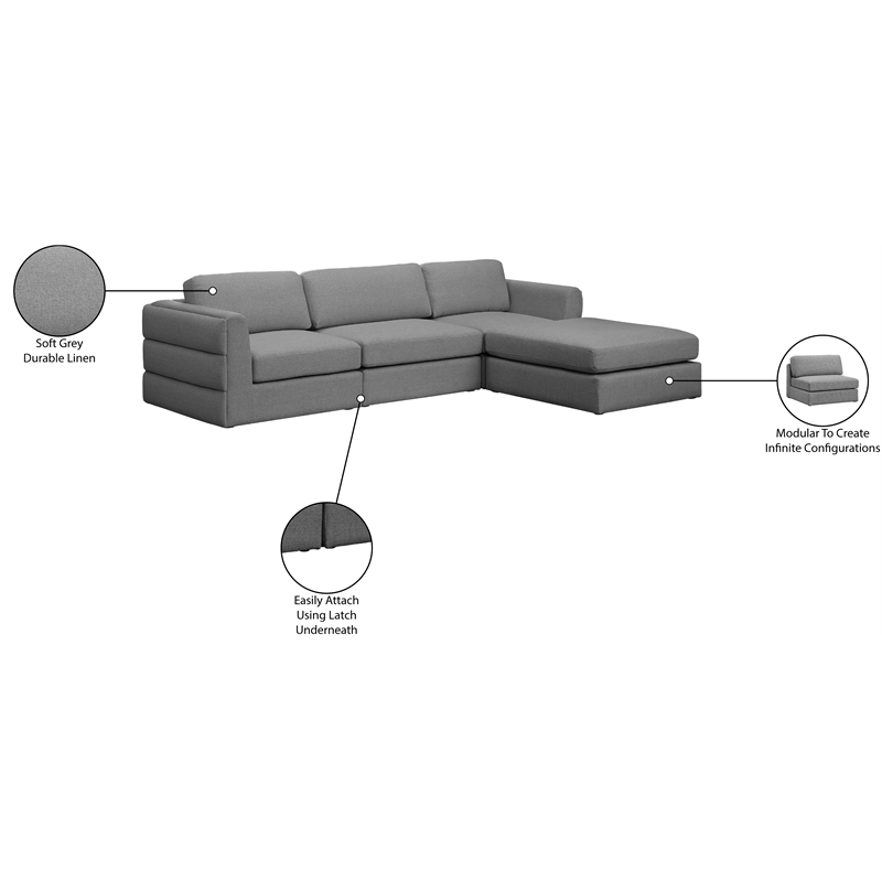 Maklaine Contemporary Grey Durable Linen Textured Fabric Modular Sectional