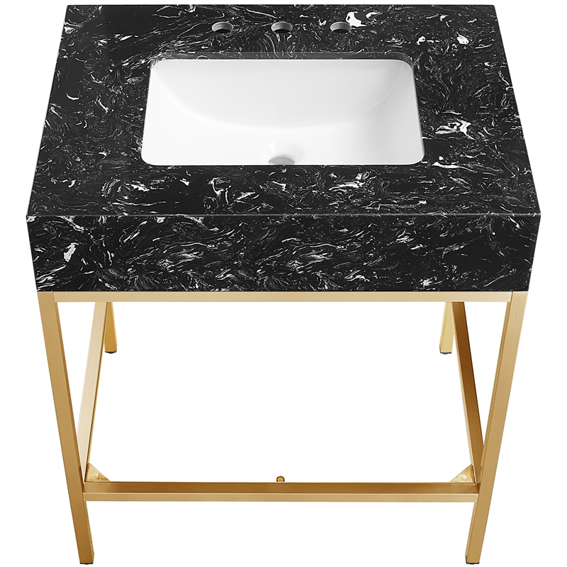 Maklaine Contemporary White Artificial Marble Bathroom Vanity
