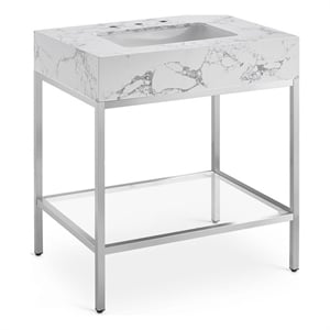 Maklaine Contemporary White Artificial Marble Bathroom Vanity
