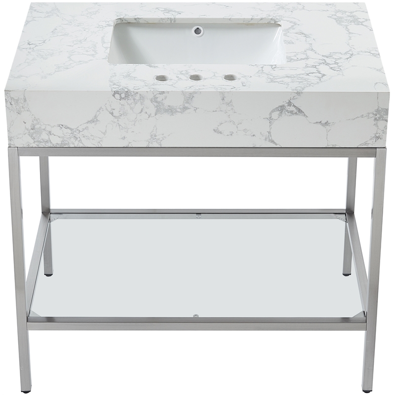 Maklaine Contemporary White Artificial Marble Bathroom Vanity