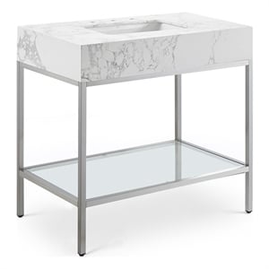 Maklaine Contemporary White Artificial Marble Bathroom Vanity