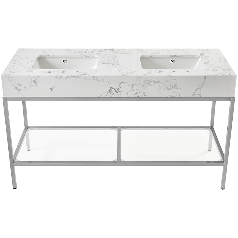 Maklaine Contemporary White Artificial Marble Bathroom Vanity