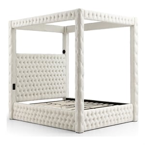 Maklaine Velvet Cream Queen Canopy Bed Rectangular Upholstered 70.5&quotW x 89&quotD Unassembled