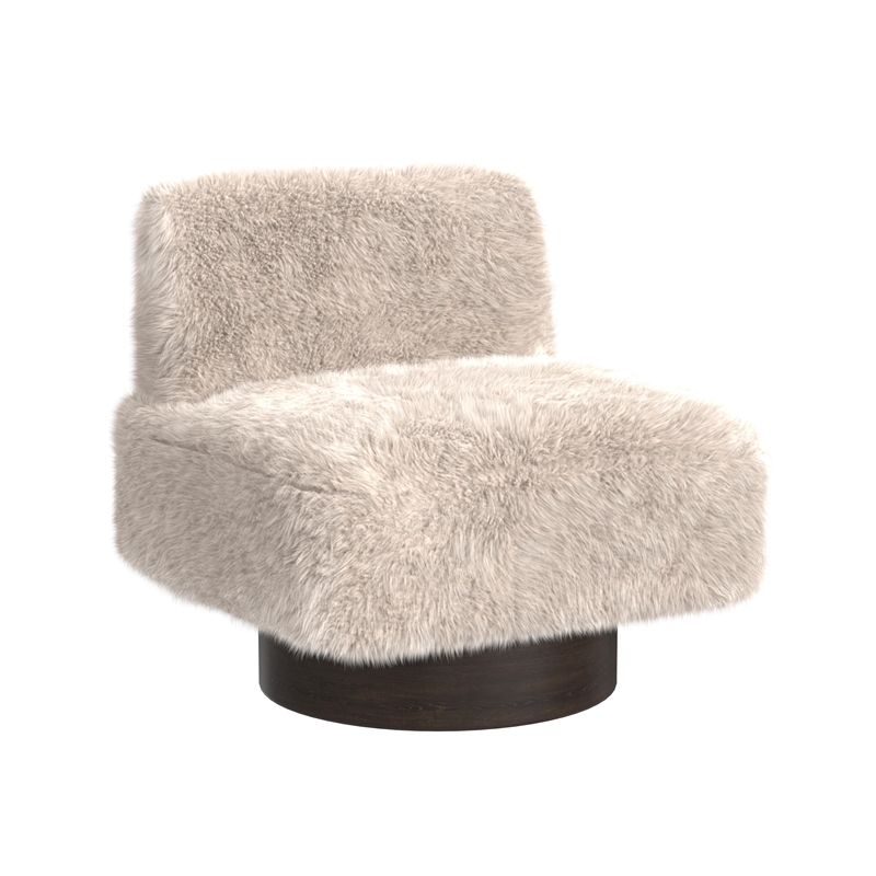 Maklaine Faux Fur Beige Swivel Accent Chair with Wood Base 30
