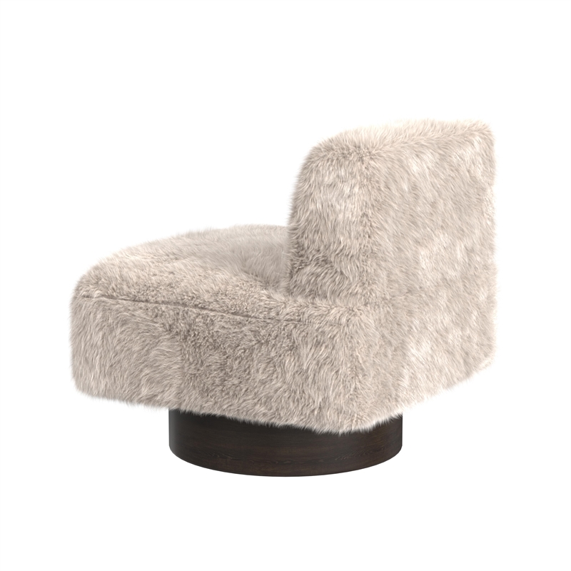 Maklaine Faux Fur Beige Swivel Accent Chair with Wood Base 30