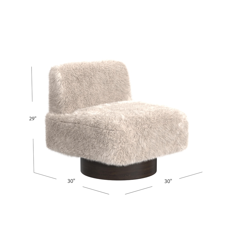 Maklaine Faux Fur Beige Swivel Accent Chair with Wood Base 30