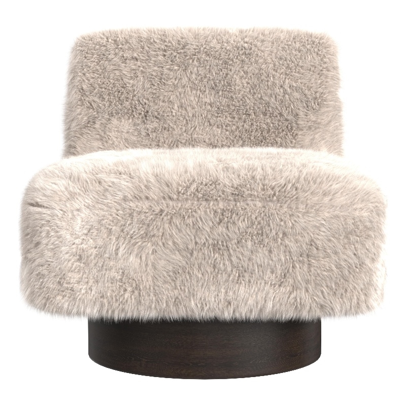 Maklaine Faux Fur Beige Swivel Accent Chair with Wood Base 30