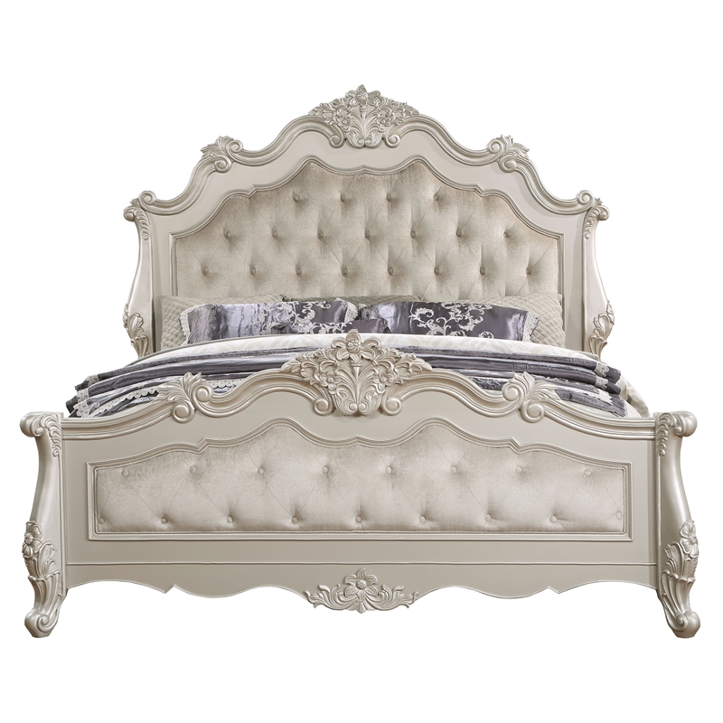 Maklaine Transitional Button Tufted Wooden Frame Bed in Champagne Gold