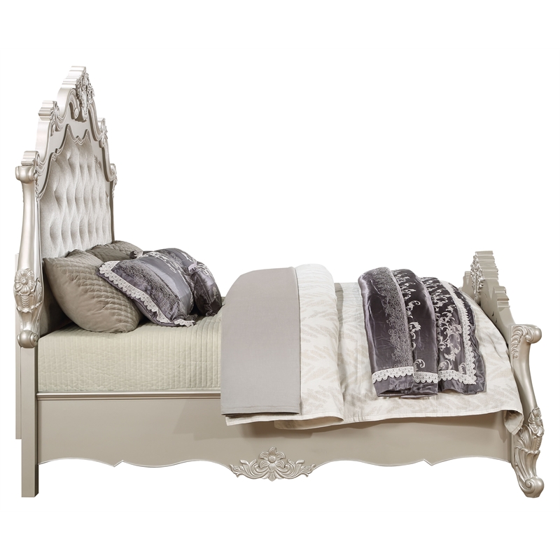 Maklaine Transitional Button Tufted Wooden Frame Bed in Champagne Gold