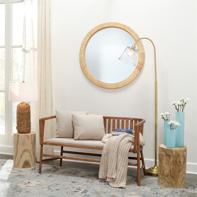 Maklaine Round Coastal Rattan & Glass Wall Mirror in Natural