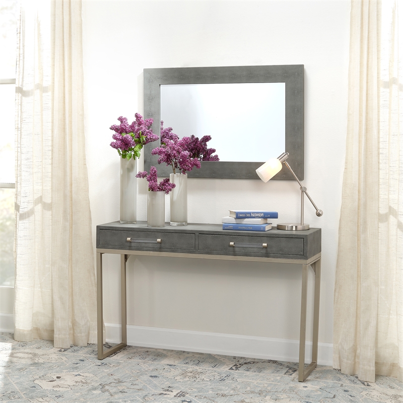 Maklaine Faux Shagreen Vinyl Gray Mirror Rectangular Beveled Glass 38