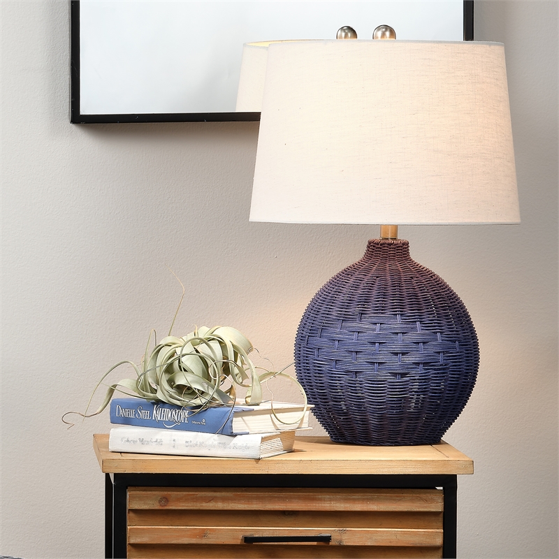 Maklaine 1-Light Rattan & Linen Table Lamp in Indigo Blue/White