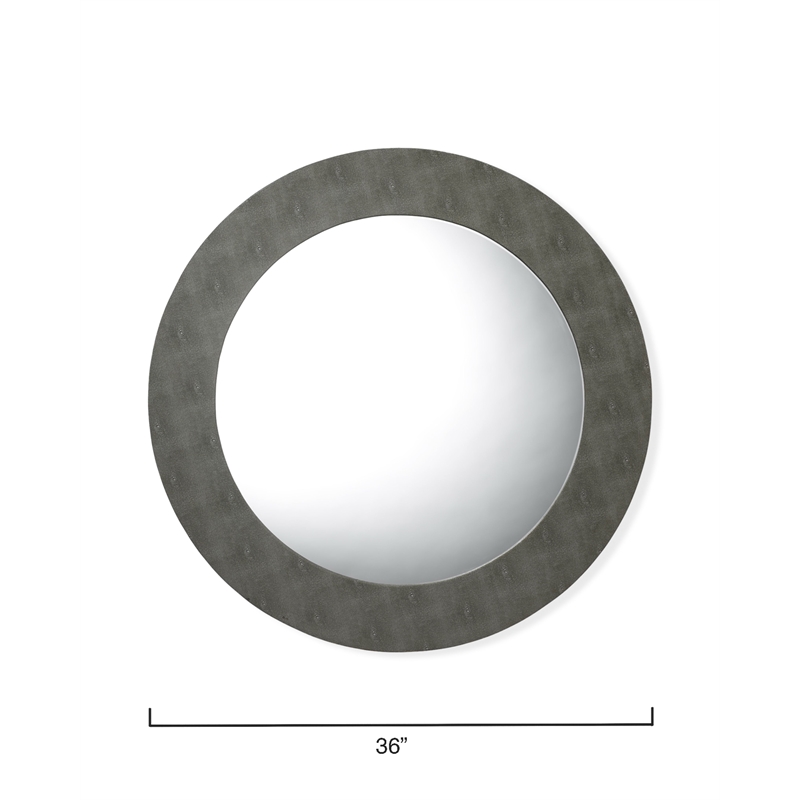 Maklaine Round Transitional Faux Leather & Glass Mirror in Gray