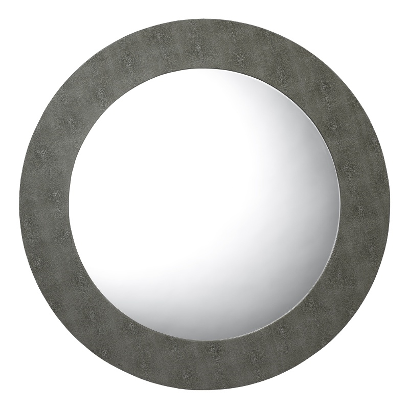 Maklaine Round Transitional Faux Leather & Glass Mirror in Gray