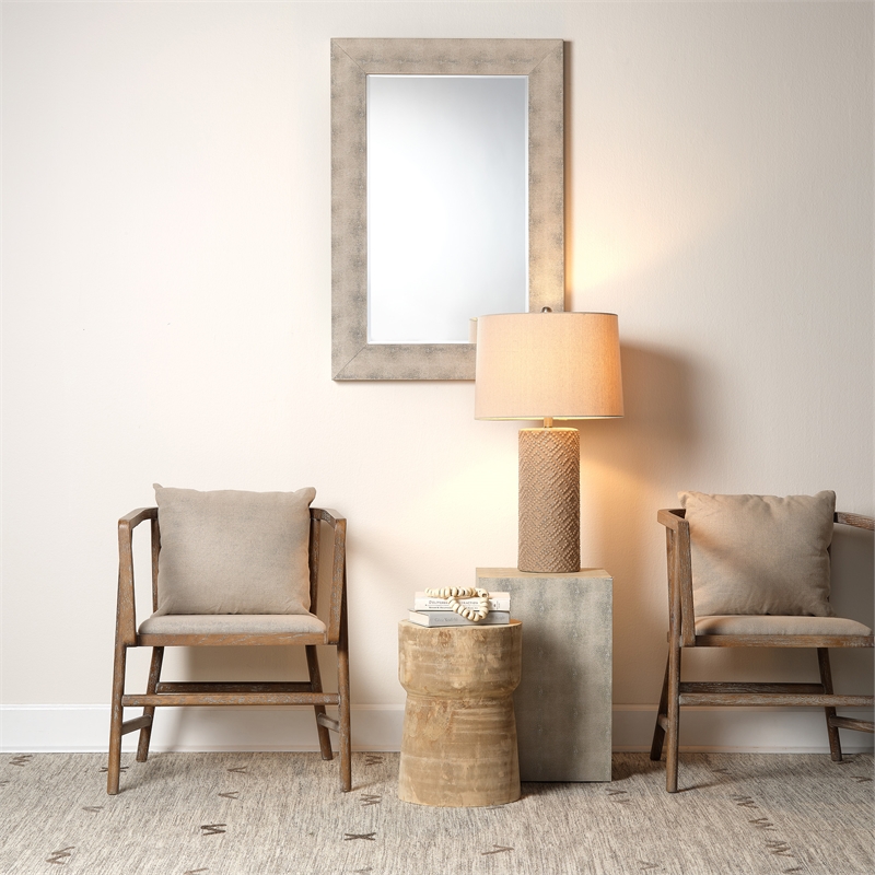 Maklaine Transitional Faux Shagreen Vinyl/Glass Mirror in Ivory