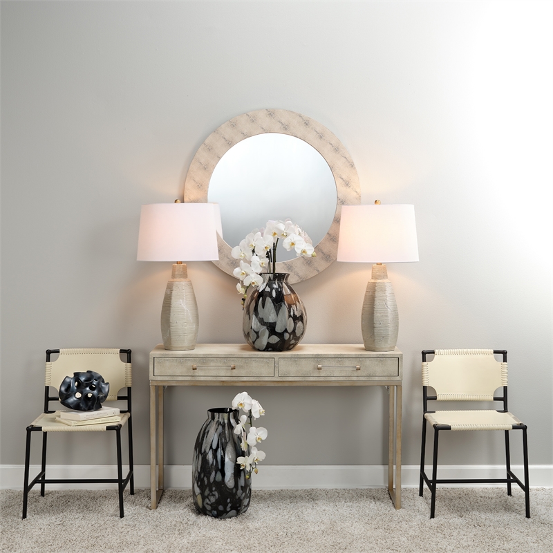 Maklaine Round Transitional Faux Leather & Glass Mirror in Ivory