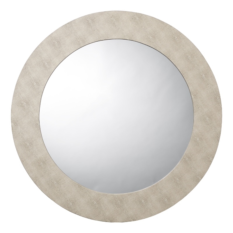 Maklaine Round Transitional Faux Leather & Glass Mirror in Ivory