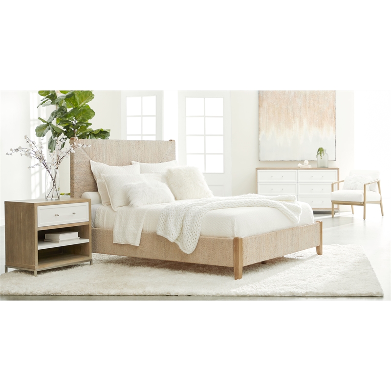 Maklaine Transitional Fabric Cal King Bed in Off White/Gray Finish