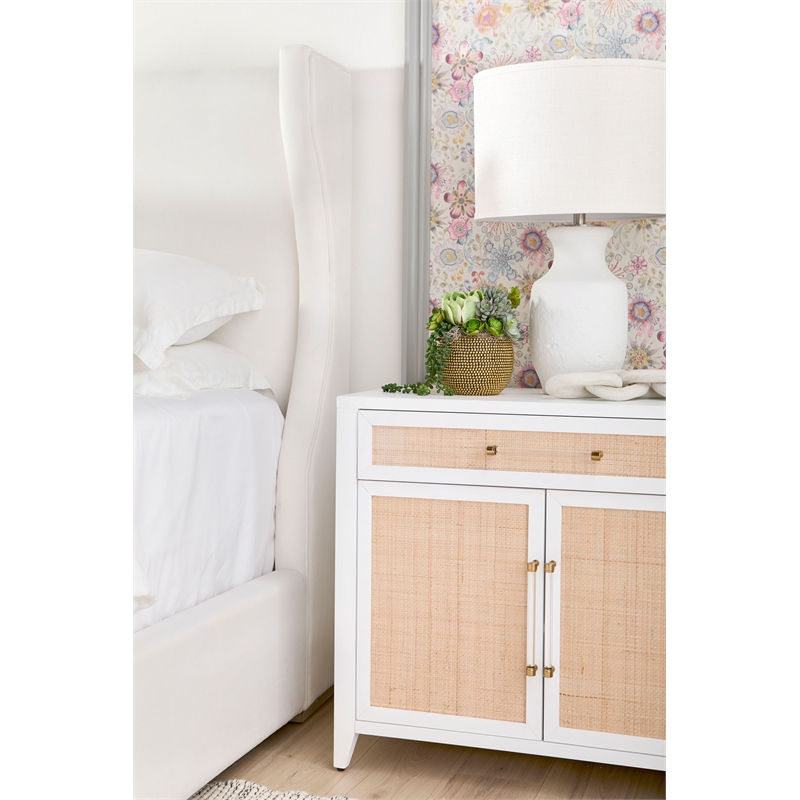 Maklaine Transitional Fabric King Bed in Pearl White / Natural Gray